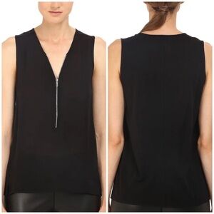 The Kooples Sport Mixed Woven Tank XS black silk zip jersey